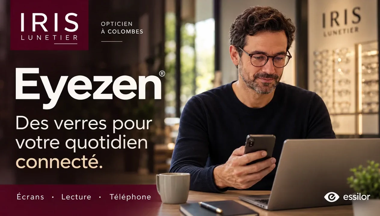 Un homme à lunettes utilise un téléphone près d’un ordinateur, animation Eyezen.